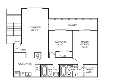 Floor plan for 2 beds, 2 baths, 1100 sqft